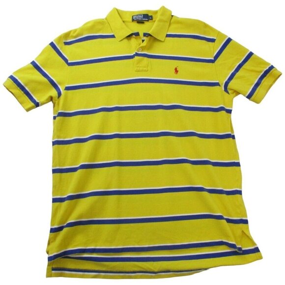 Polo‎ Ralph Lauren Polo Shirt Mens Large Yellow Striped Collared High Low Slit - Picture 1 of 10